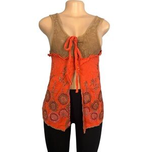 Free People Boho Orange Brown Tank Top Open Split Tie Back